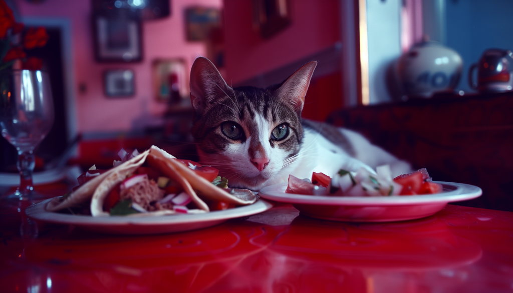 a white and grey cat laying next to a plate of tacos
