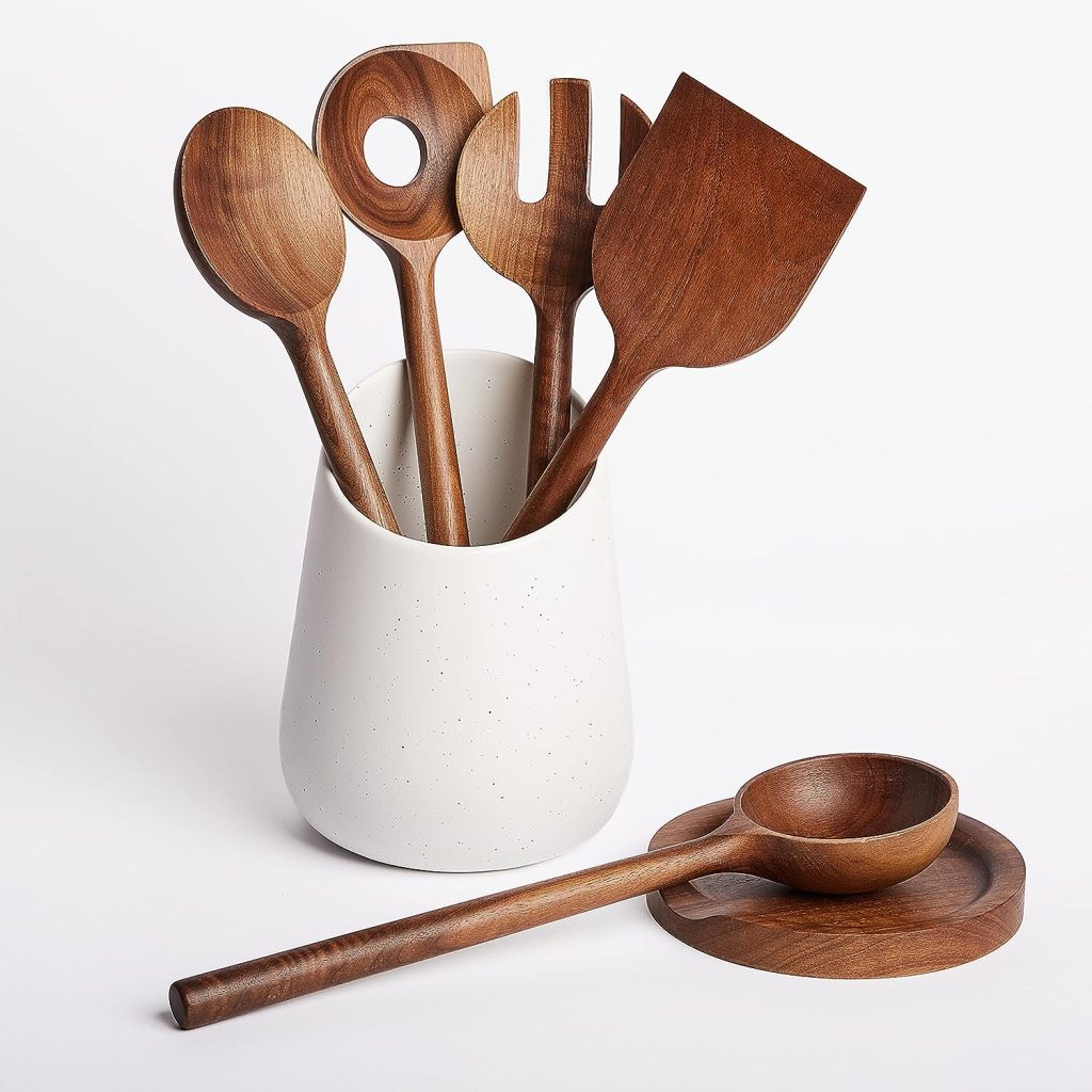 Premium Wooden Spoons for Cooking with Holder and Spoon Rest by Ziruma