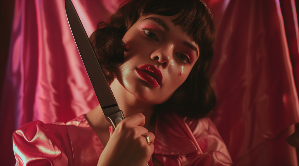 a brunette woman wearing pink holdiing a knife next to her face